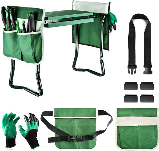 Garden Kneeler and Seat, Upgraded Folding Garden Bench Stool Portable Garden Kneeler Sturdy Gardening Tools with 2 Free Tool Pouch, Detachable Belt, a Pair of Garden Gloves,Eva Kneeling Pad